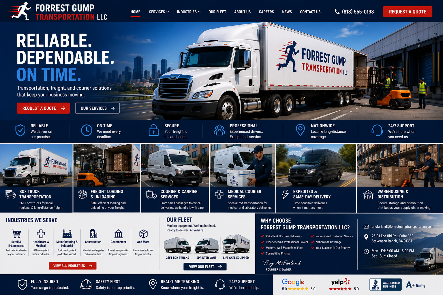 Forrest Gump Transportation LLC homepage featuring freight, courier and transportation services